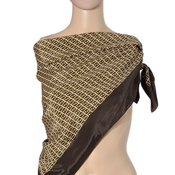 Vintage Fendi Zucca 100% Silk Scarf FF Logo Print Large Square Scarf Sz 34"×34" - Picture 4 of 14